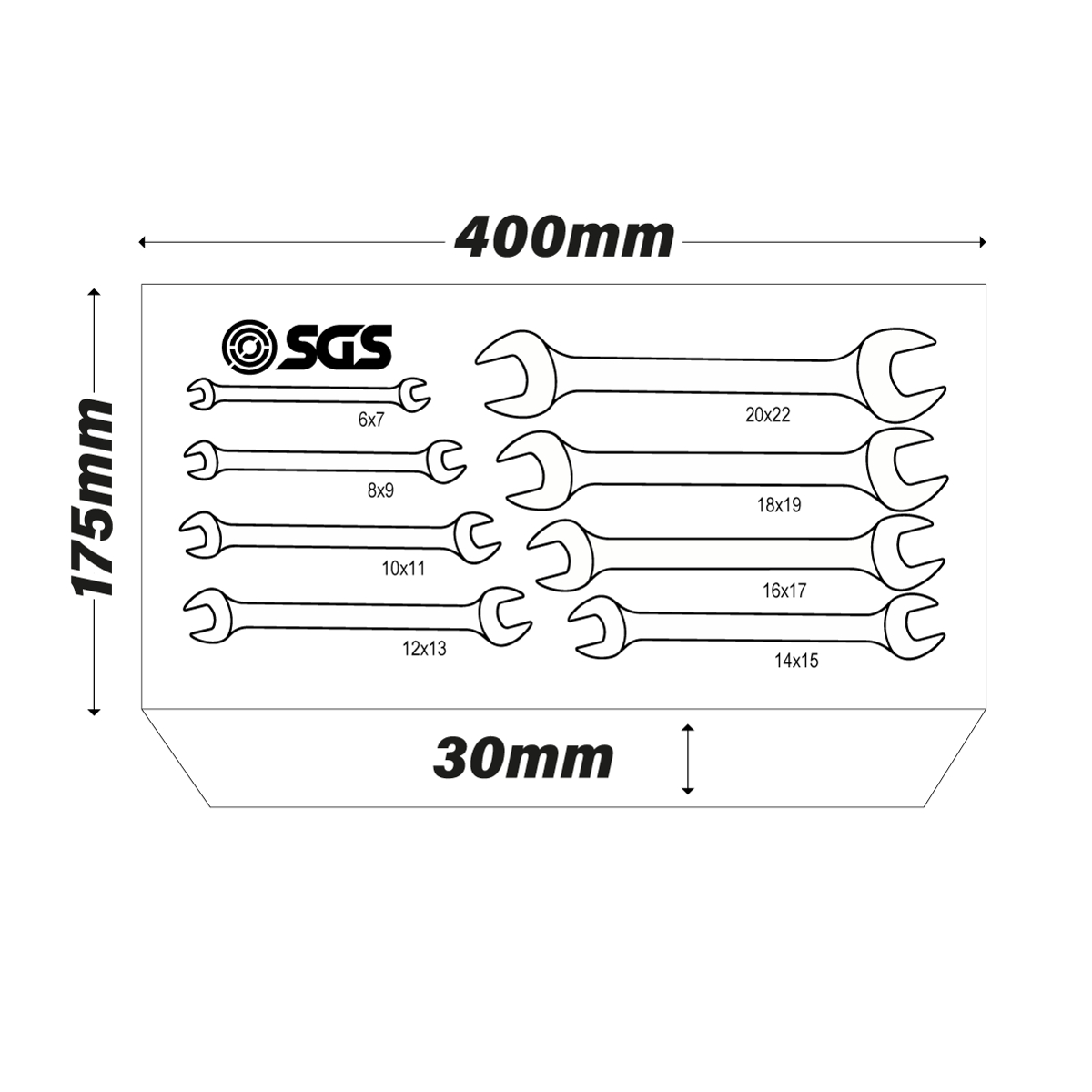 SGS 8pc Metric Open Ended Spanner Set | 6mm-22mm | Foam Insert